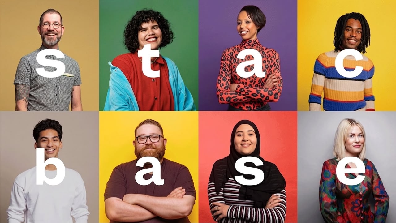 Eight smiling people on coloured backgrounds spelling the word stacbase